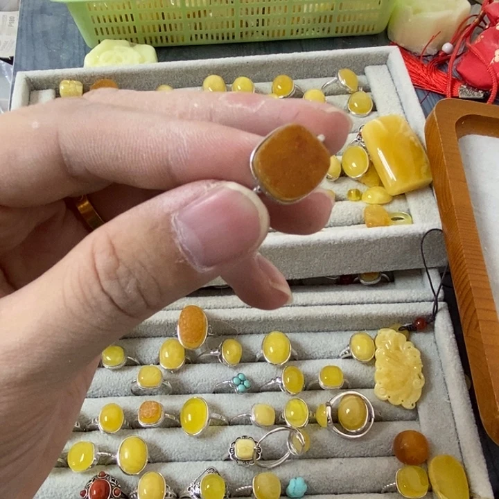 蜜蜡裸石银S925镶嵌戒指