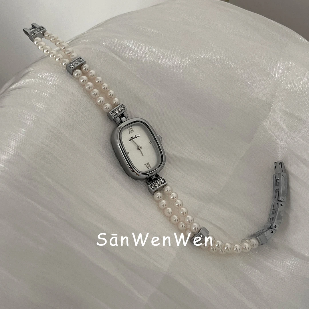 叁问问银色珍珠手链女款小众气质款高级清冷显白石英手表女