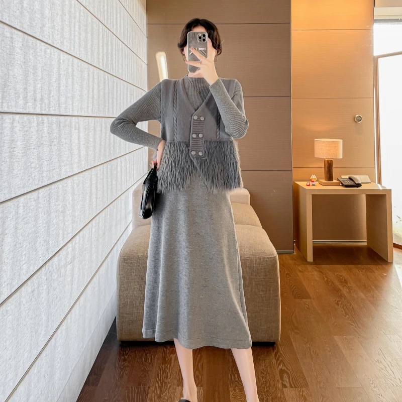 1687两件套马甲连衣裙显瘦气质长毛马甲+内搭连衣裙时尚中长款
