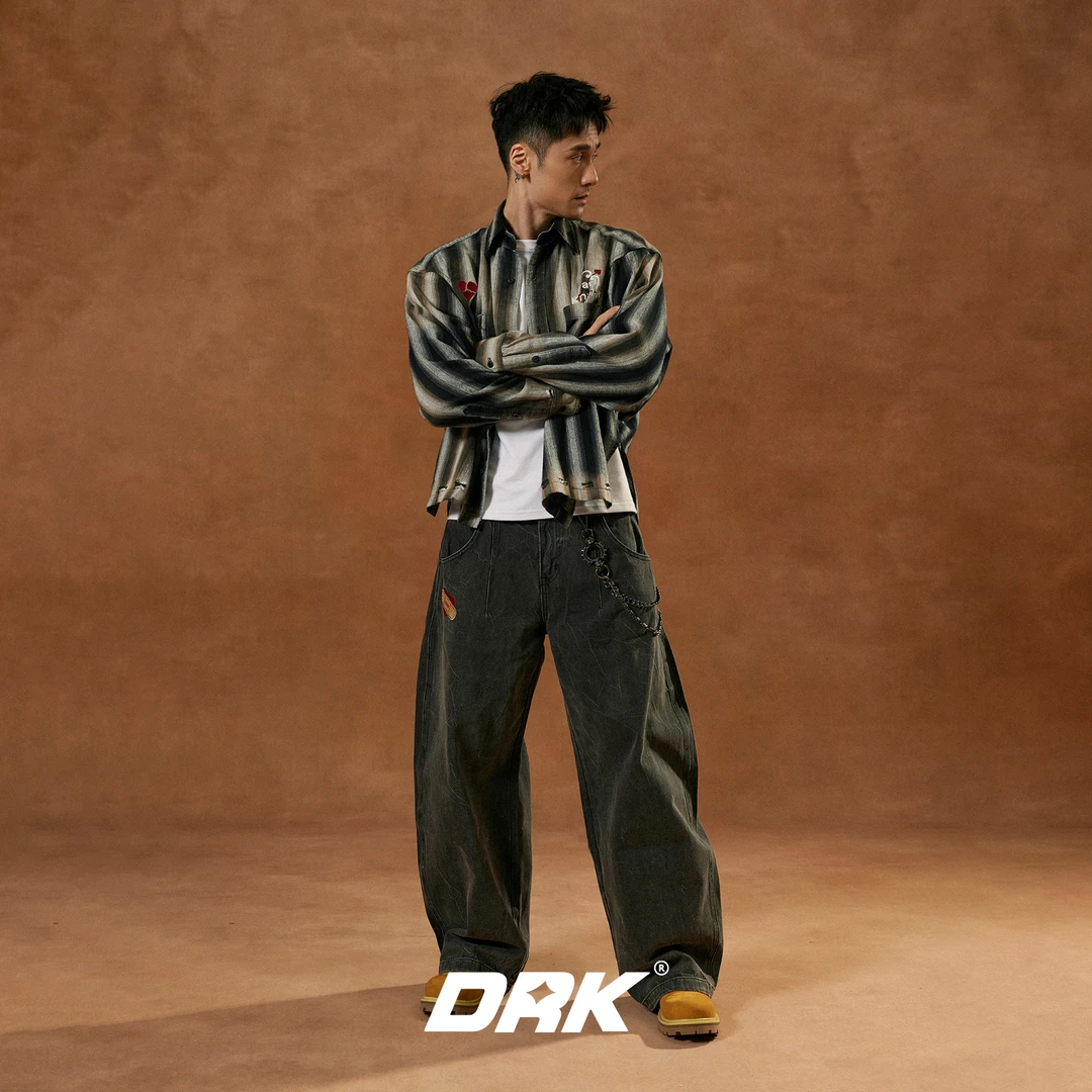 DRK【回溯系列】心碎创可贴牛仔弯刀裤复古水洗刺绣长裤男士高街