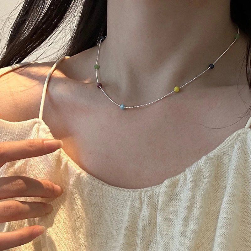 坠链均925银 s925纯银彩色珠项链叠戴天花板彩虹锁骨链多巴胺