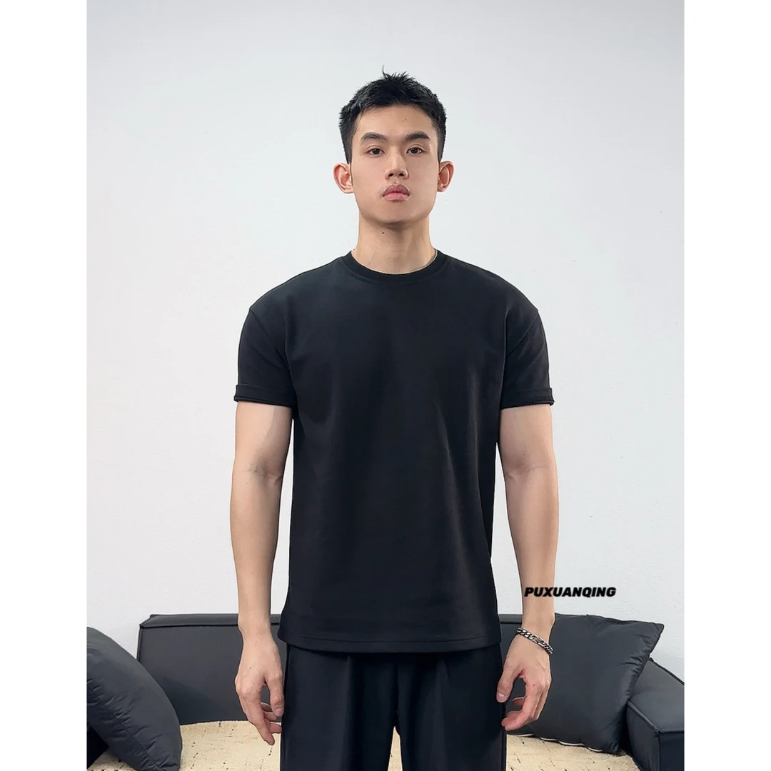 PUXUANQING新款夏季短袖男t恤圆领百搭收袖口显大高级感男装半袖