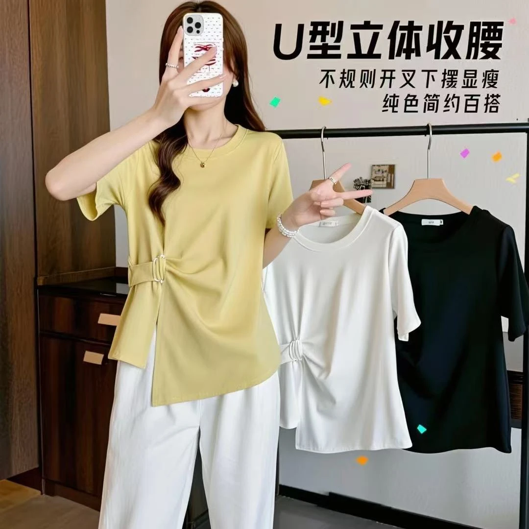 《心机T》U型立体收腰/不规则开叉下摆显瘦纯色女士T恤1029