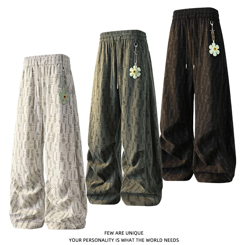 美式可拆卸小花男生休闲长裤春秋季2025新款高街宽松格纹阔腿裤子