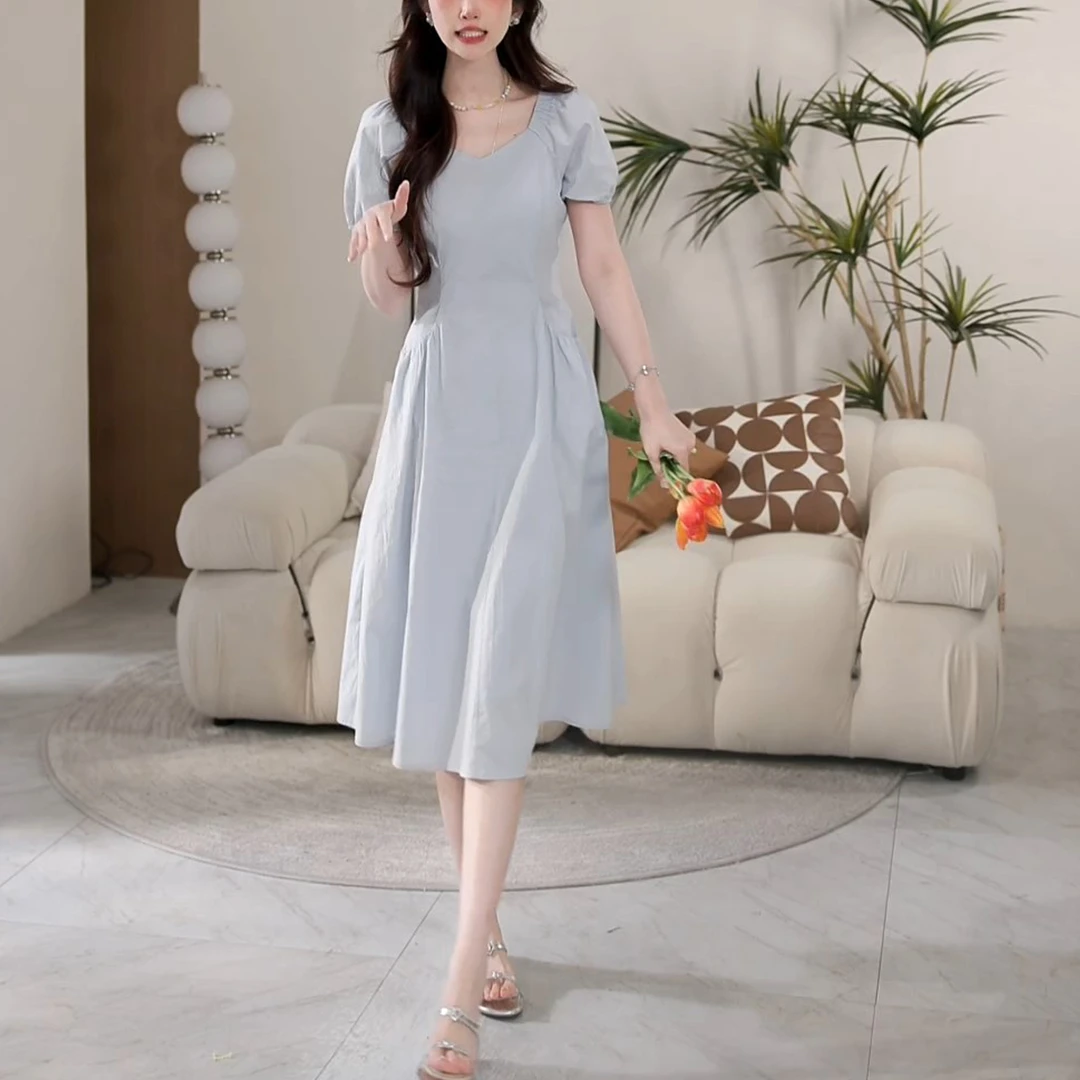 法式气质方领泡泡袖连衣裙女2025夏季新收腰裙子显瘦中长款a字裙