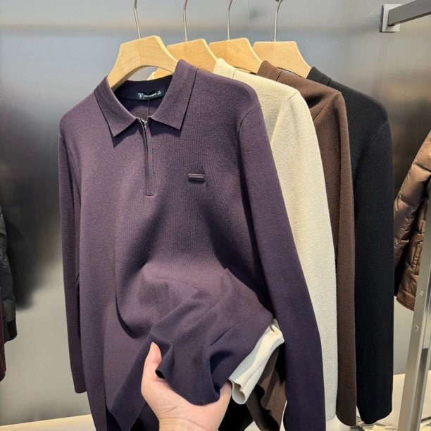 高品质男士Polo领拉链修身时尚百搭轻商长袖针织衫