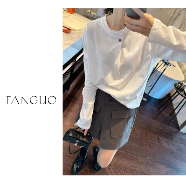 【小众既高级】极简百搭洋气设计感一粒扣白色长袖T恤女上衣 B2535