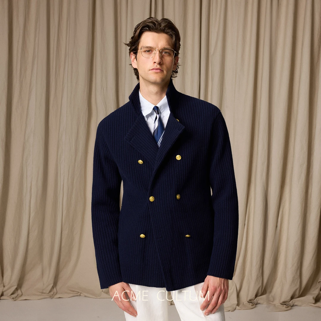 Acme cultum美利奴羊毛坑条肌理BC风格双排扣针织开衫男夹克外套