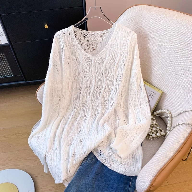 慵懒风宽松镂空长袖针织罩衫女夏季薄款大码胖MM显瘦遮肚防晒上衣