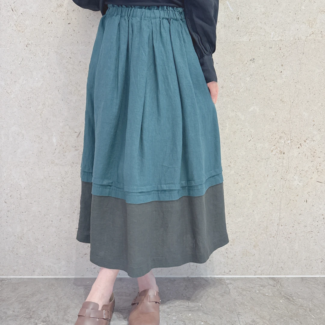 轻奢风小众女装设计款双色拼接亚麻半身裙低调高级洋气雨露麻长裙