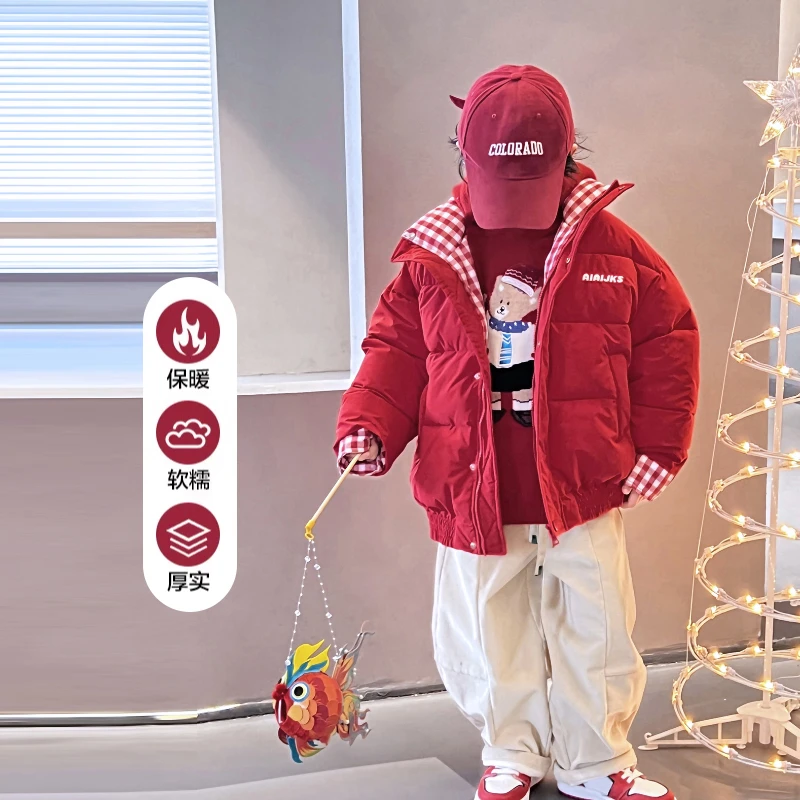 【复古红格】儿童棉服中大童外套男童立领冬装上衣洋气4119681O7