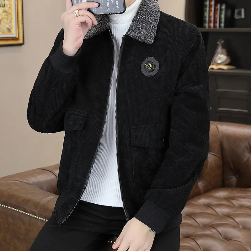 翻领秋冬季新款灯芯绒羊羔毛复古夹克男士宽松加绒加厚休闲翻领外