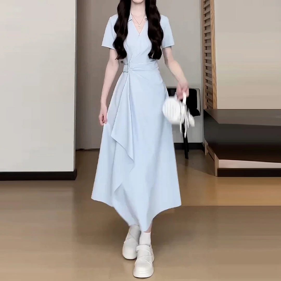 3784蓝色衬衫连衣裙子女夏季新款夏日绝美巨好看简单大方得体长裙