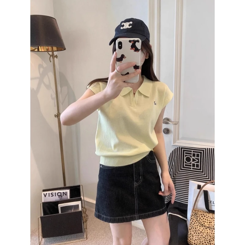 韩系Polo领冰丝短袖t恤女夏季宽松别致针织衫今年流行爆款薄上衣