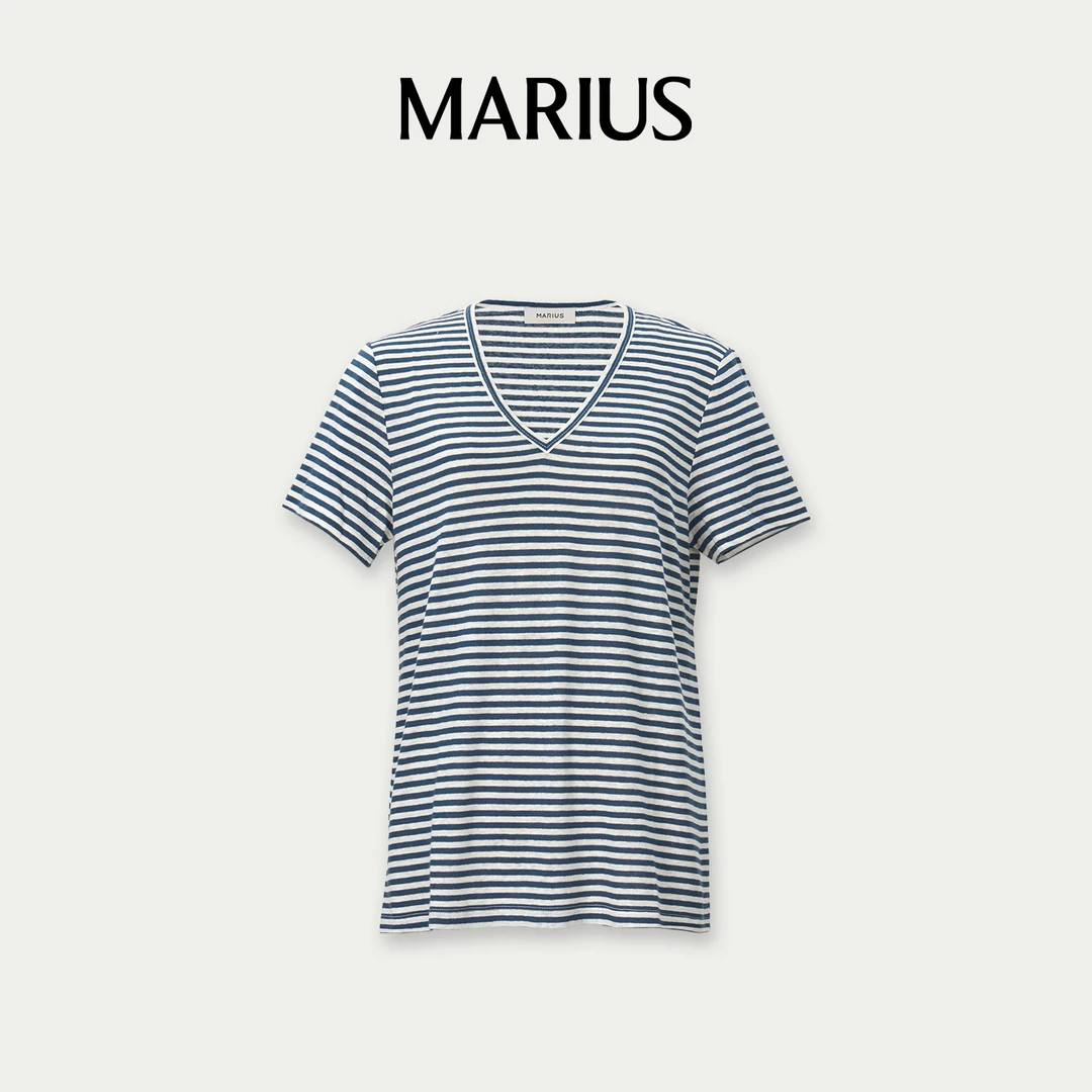 MARIUS“麻小T”春夏休闲T恤宽松型女士撞色修身型条纹短袖简约