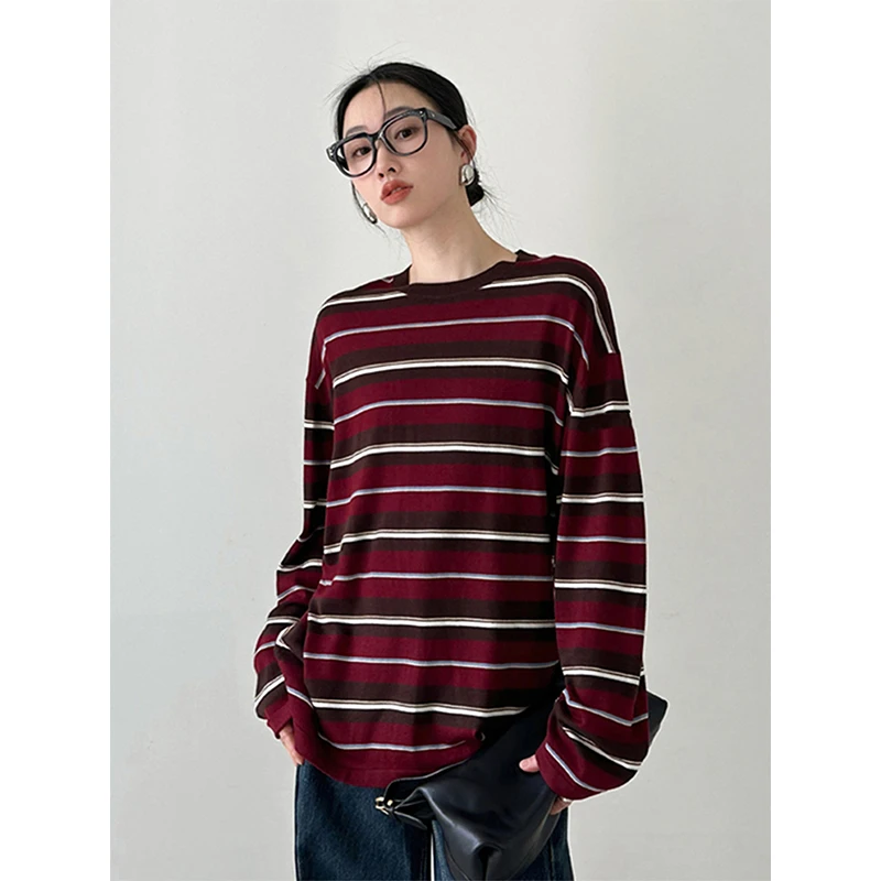 韩版百搭复古条纹长袖针织衫女早秋宽松慵懒显瘦毛衣套头圆领上衣