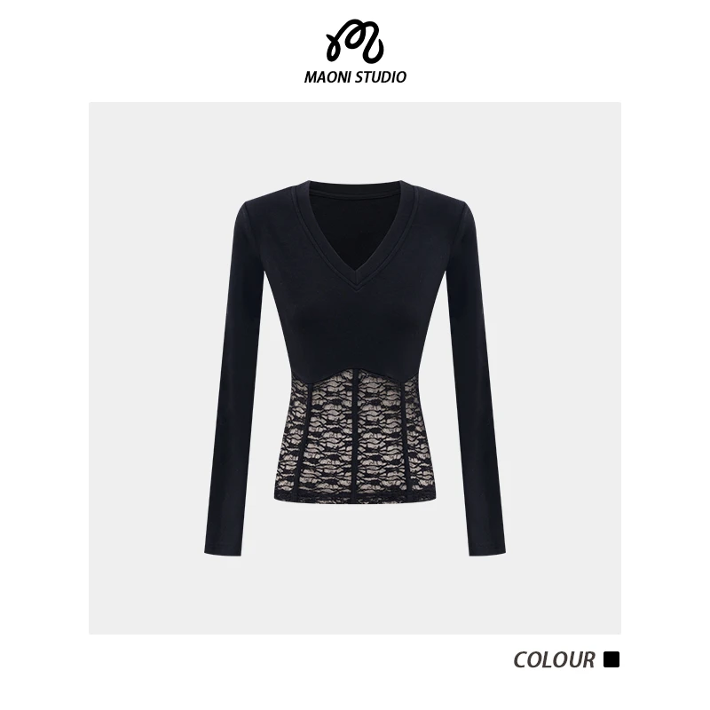 毛妮LADIESFIRST修身显瘦V领蕾丝拼接上衣女秋冬新款打底衫L2763