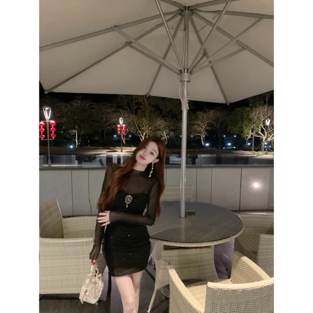 【CHANG.Q】5959亮丝网纱拼接烫砖弹力纱新款爆款显瘦连衣裙