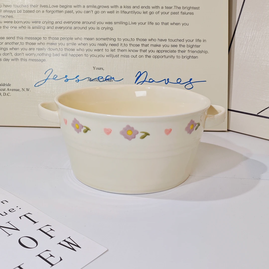 新疆西藏包邮大汤碗家用汤碗奶油粉双耳汤碗草莓陶瓷餐具汤碗大