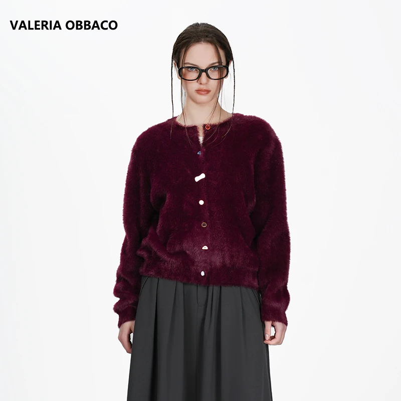 VALERIAOBBACO/瓦莱丽娅 奥贝科安哥拉红彩扣开衫短款长袖毛衣