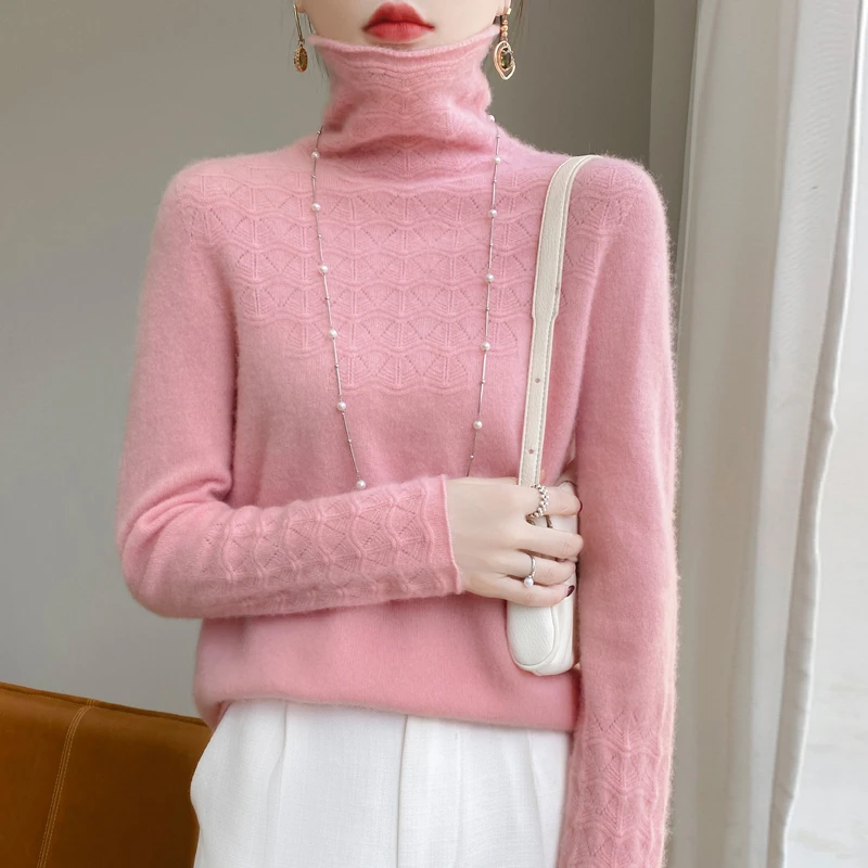 商场同款 一线成衣堆堆领镂空羊毛衫女 纯色毛衣 针织打底衫D565