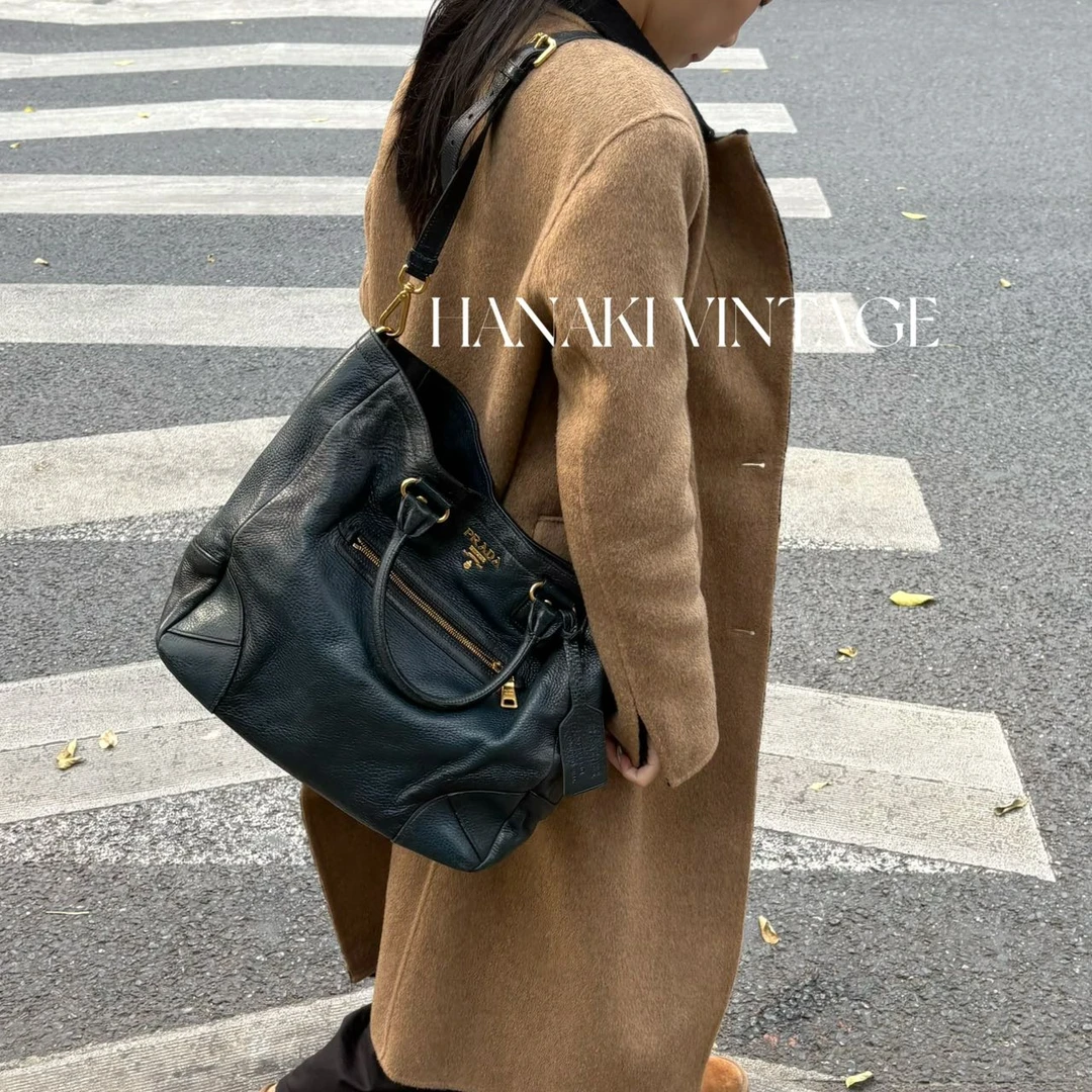 95新 Prada/普拉达 花绮中古/Prada黑绿全皮托特斜挎包
