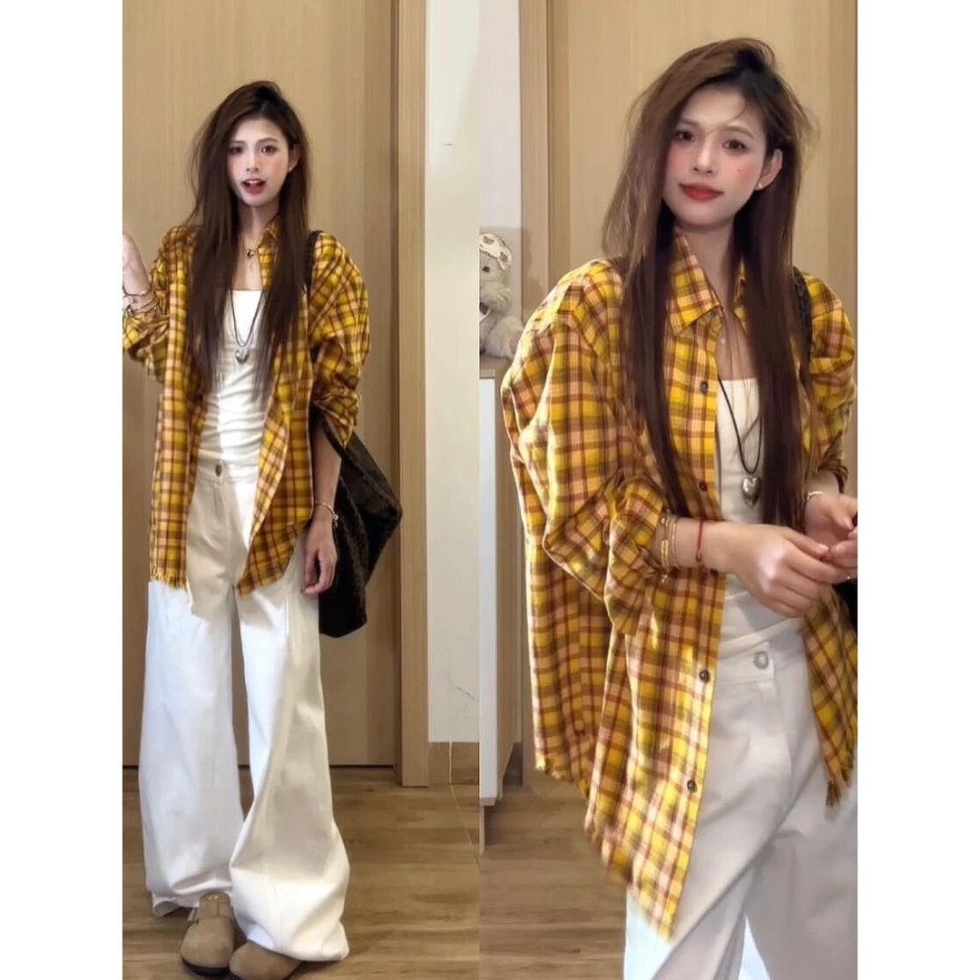 法式开春外套格子衬衫女多巴胺胖mm宽松遮肉显瘦中长款衬衣开衫潮