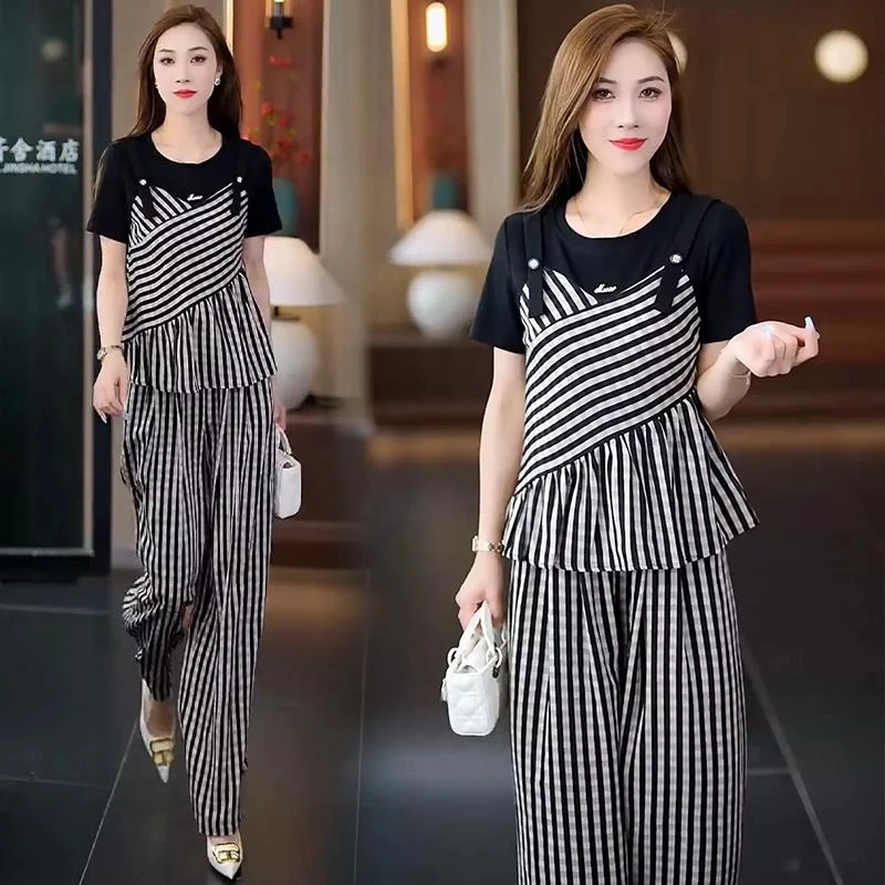 时尚套装女2025夏季新款拼接假两件格纹上衣洋气质休闲显瘦两件套