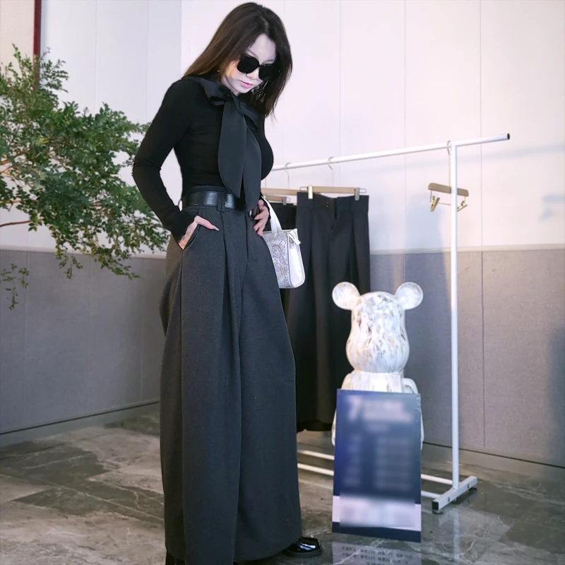 双面毛呢高腰阔腿拖地裤秋冬新款显瘦裤子气质休闲百搭设计感
