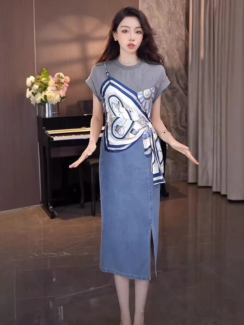 【丝巾扭结】法式复古牛仔连衣裙女2025夏季气质收腰中裙子