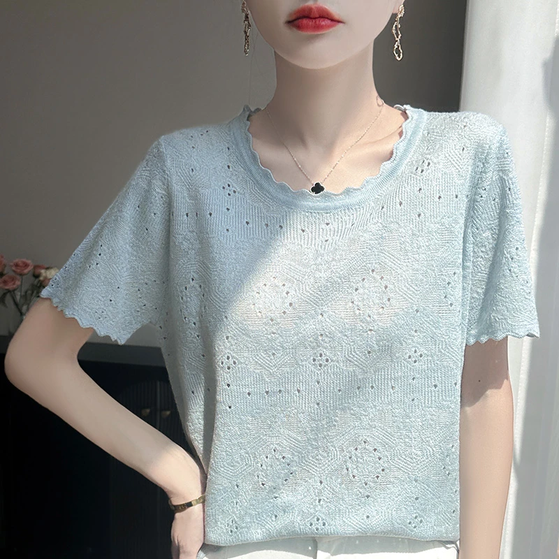 女士精仿羊毛圆领半袖短袖镂空针织衫夏季新品宽松显瘦百搭洋气