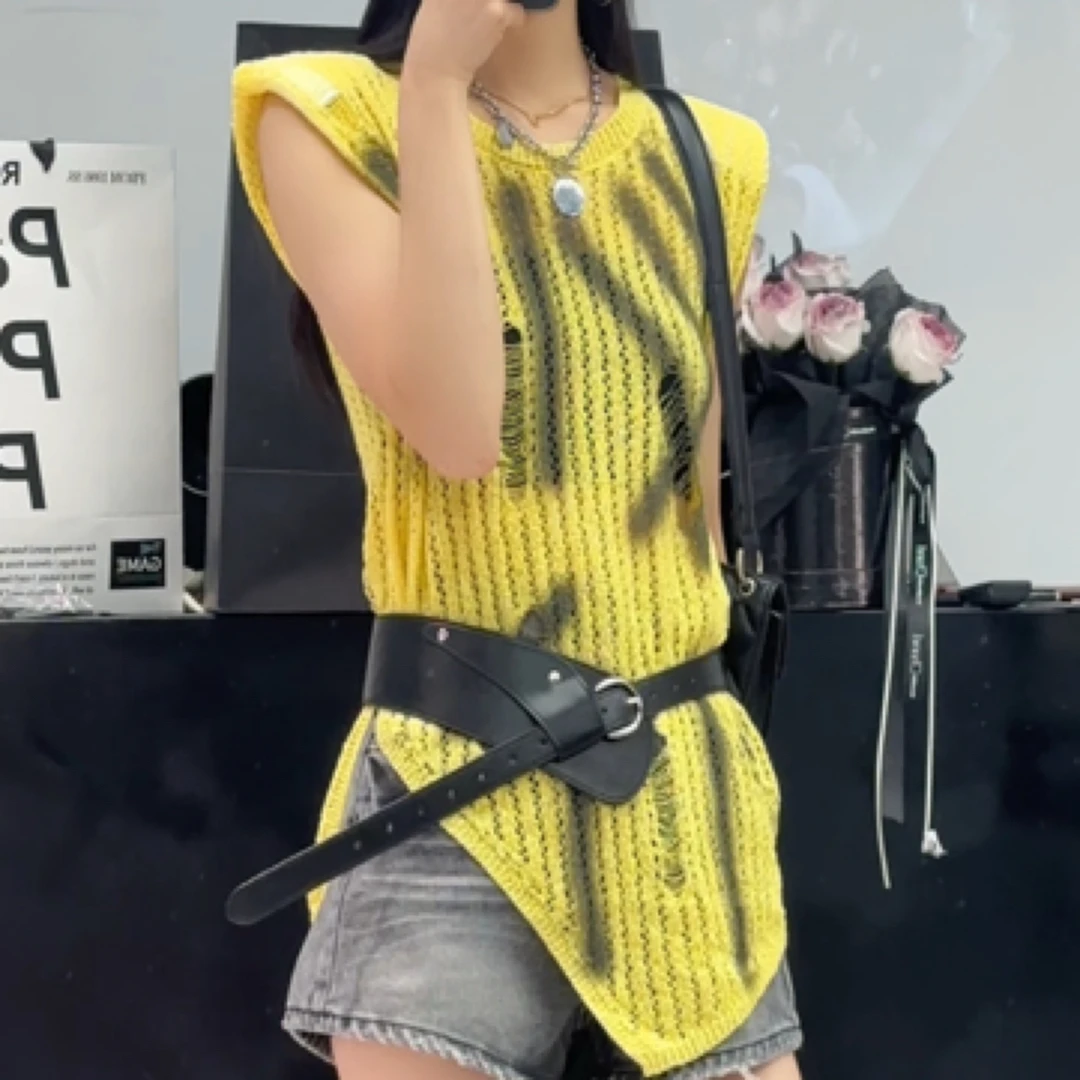 镂空系腰带针织背心上衣休闲小衫(送腰带）