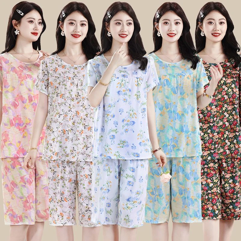 夏季薄款女士睡衣棉绸套装宽松大码人造棉家居服洋气时尚两件套
