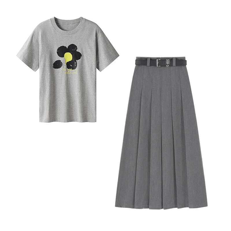 夏季穿搭一整套女新款设计感印花T恤高腰百褶长裙子两件套装2326