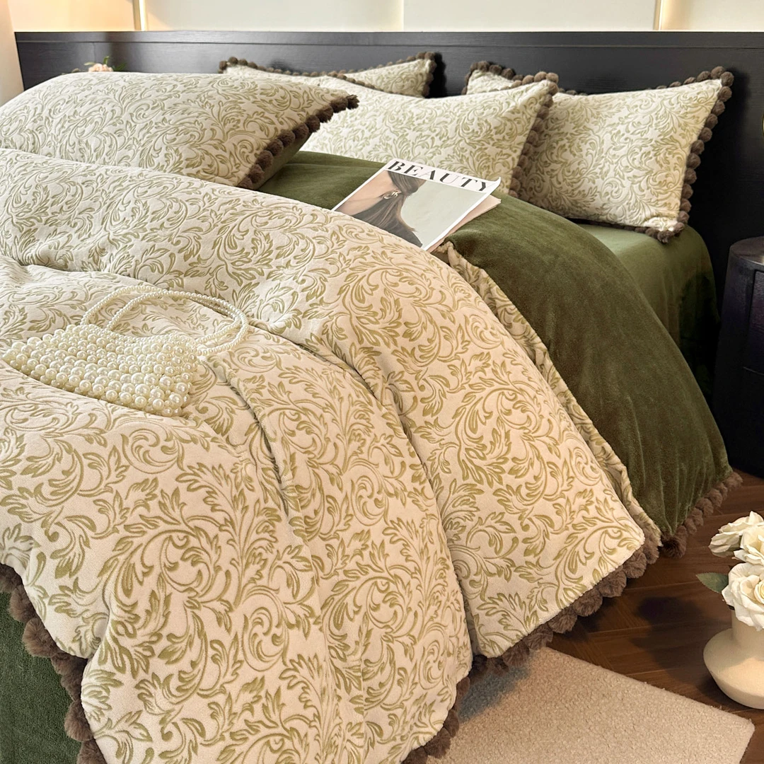 秋冬加厚牛奶绒四件套保暖加绒提花小毛球床单床笠秋冬床上四件套