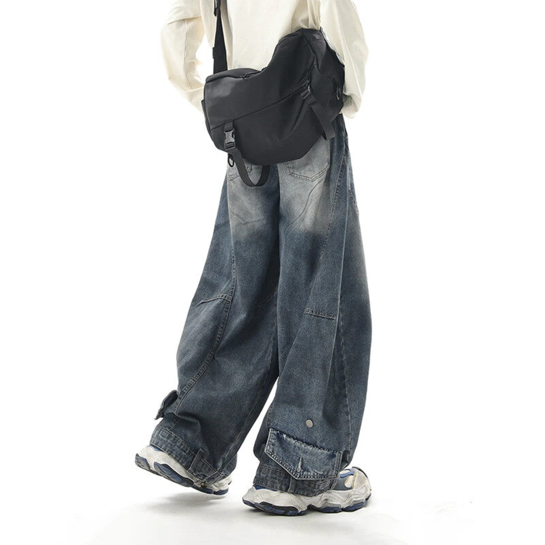 V37 美式复古阔腿牛仔裤男款夏季新款脏染做旧设计感弯潮牌裤子