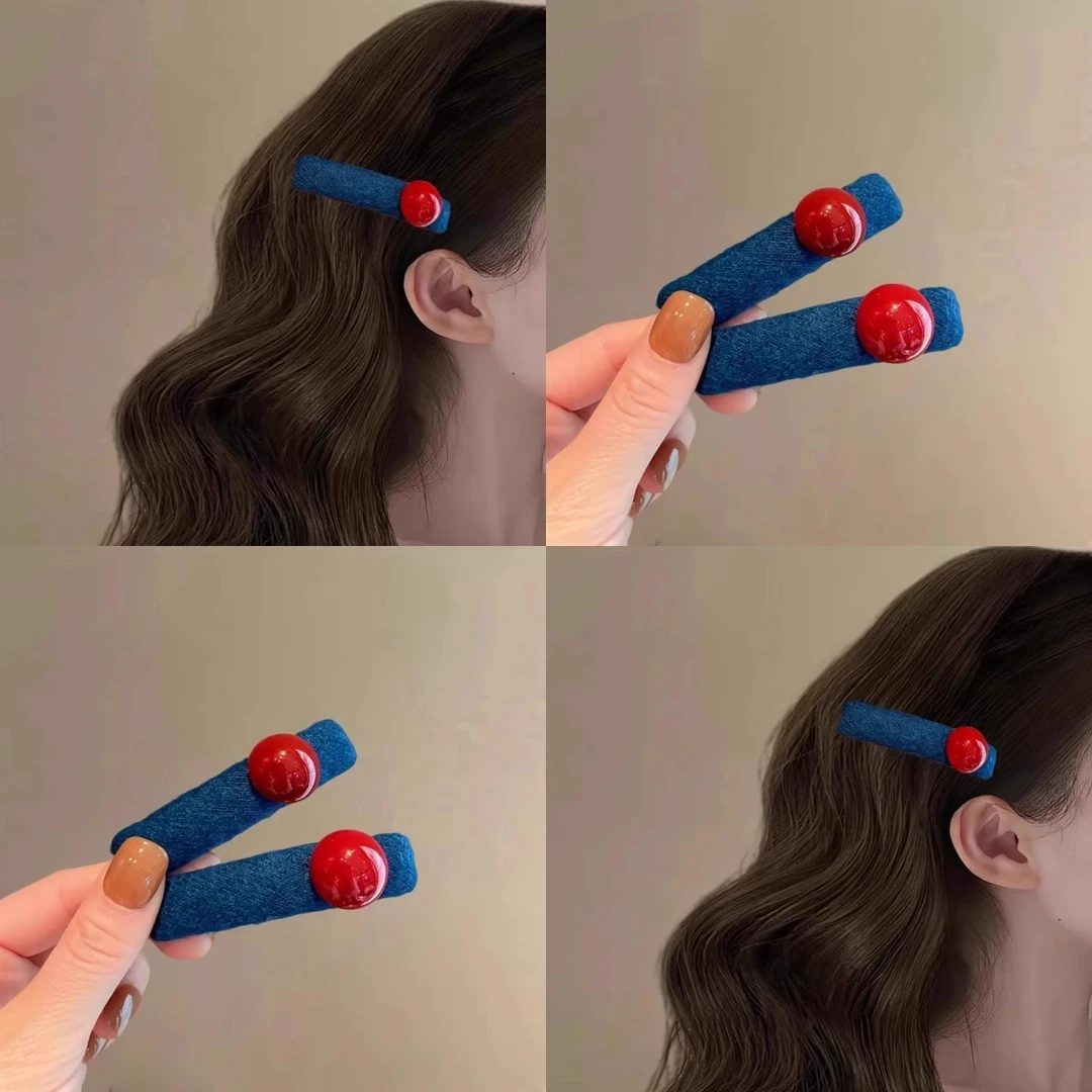 蓝色红珠撞色发夹女侧边刘海一字夹2025新款碎发发卡夹子头饰边夹