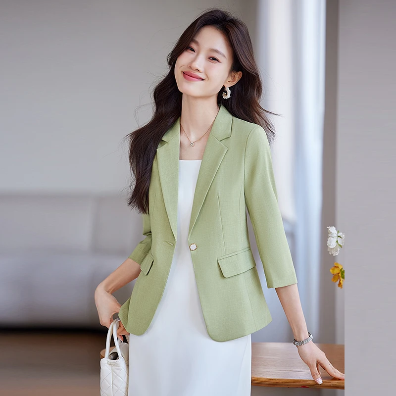 绿色小西装外套女2025夏季新款高级感小个子休闲薄款中袖西服上衣