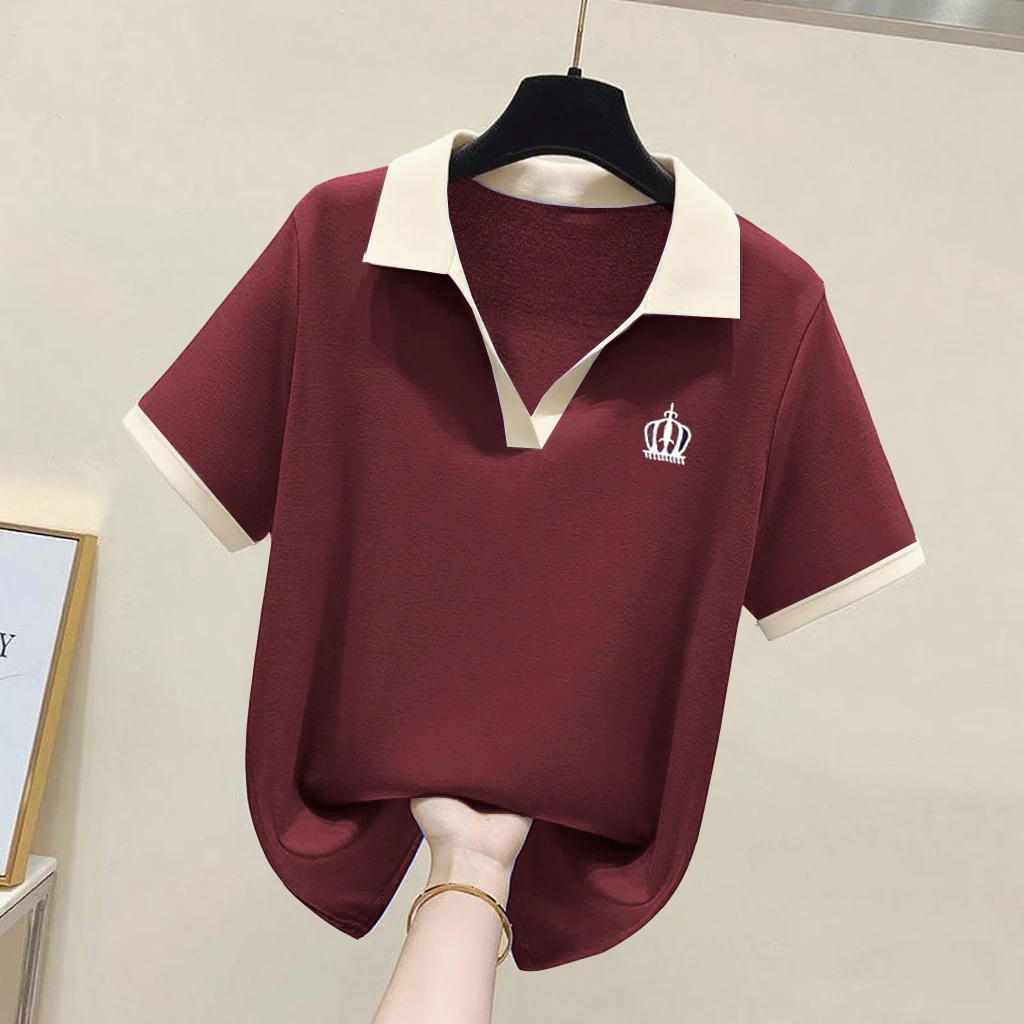 大码翻领短袖t恤女装夏季胖MM撞色POLO衫宽松简约遮肚子百搭上衣