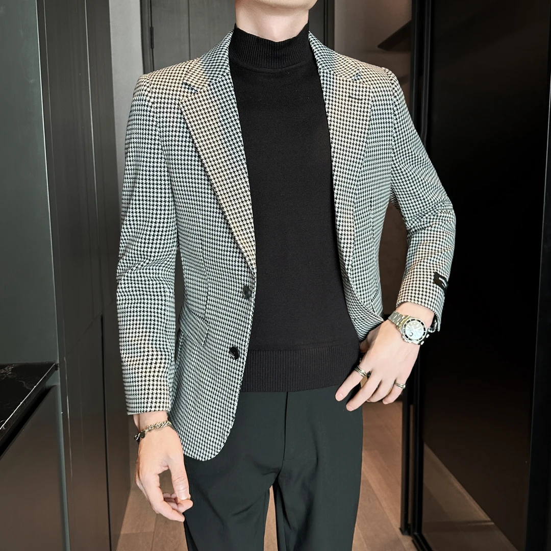 秋冬季新款格子西装外套男装高级感休闲痞帅修身千鸟格商务西服男