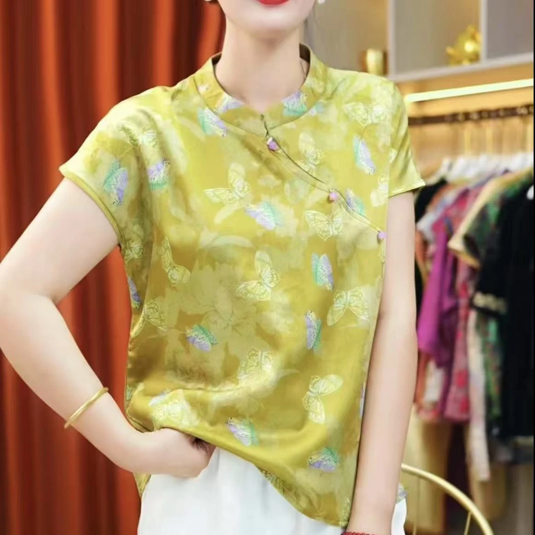 2025夏季新款黄色彩蝶中式提花百搭显瘦遮肉气质短款上衣