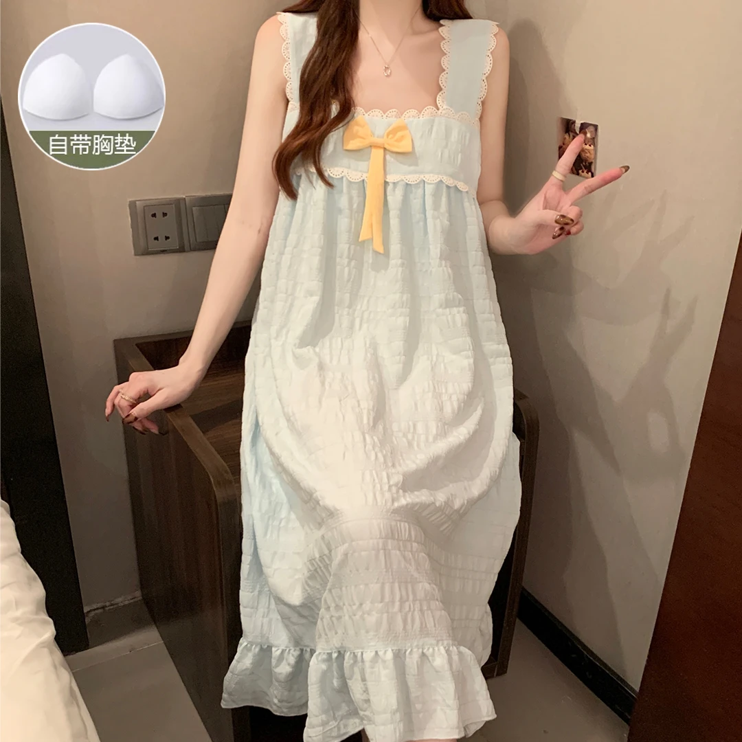 睡裙女夏季新款带胸垫吊带甜美简约睡裙宽松云朵棉可外穿家居服