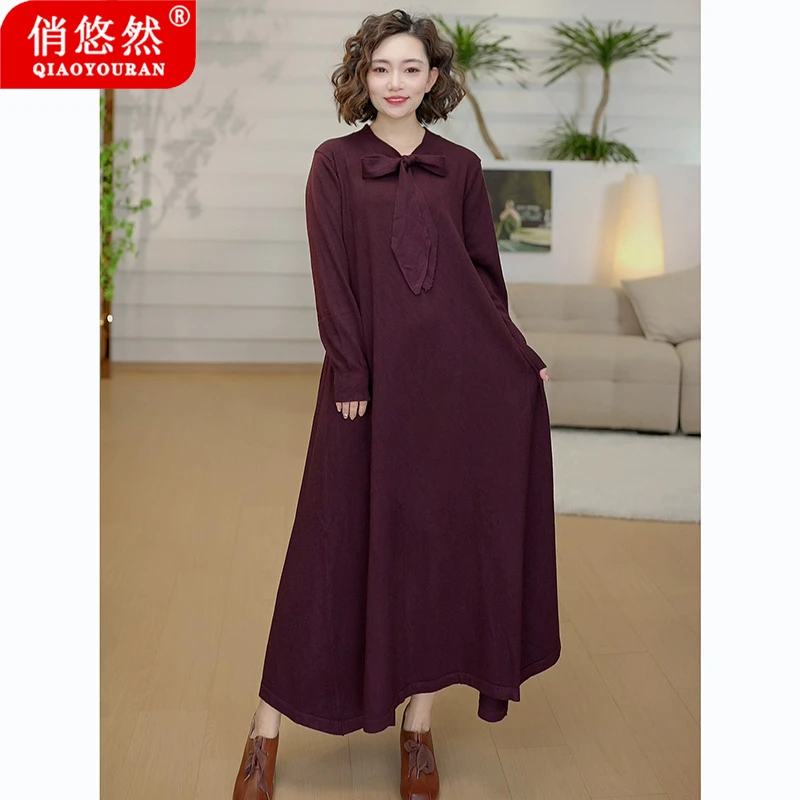俏悠然916系带蝴蝶结中长款复古针织连衣裙毛衣裙长袖打底裙子