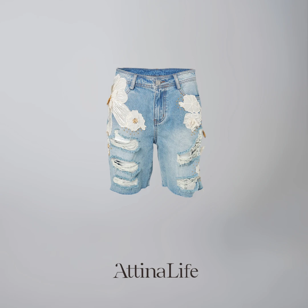 AttinaLife25夏波西风beho花朵重工钉珠复古高腰显瘦牛仔中裤欧货