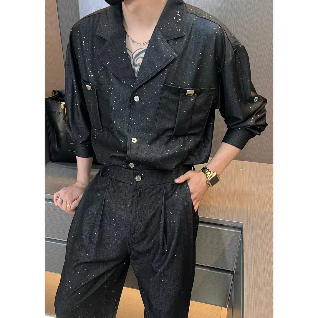 套装T258035男士丝星空V领休闲套装