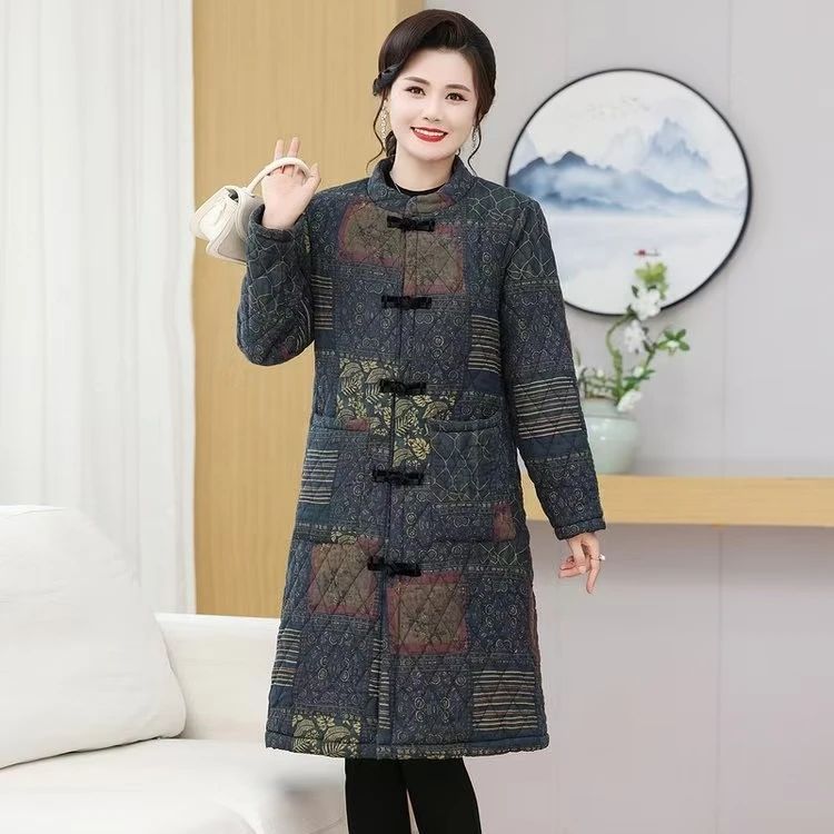 新款时尚妈妈加绒加厚棉衣中长款秋冬季保暖棉袄复古棉服盘扣上衣