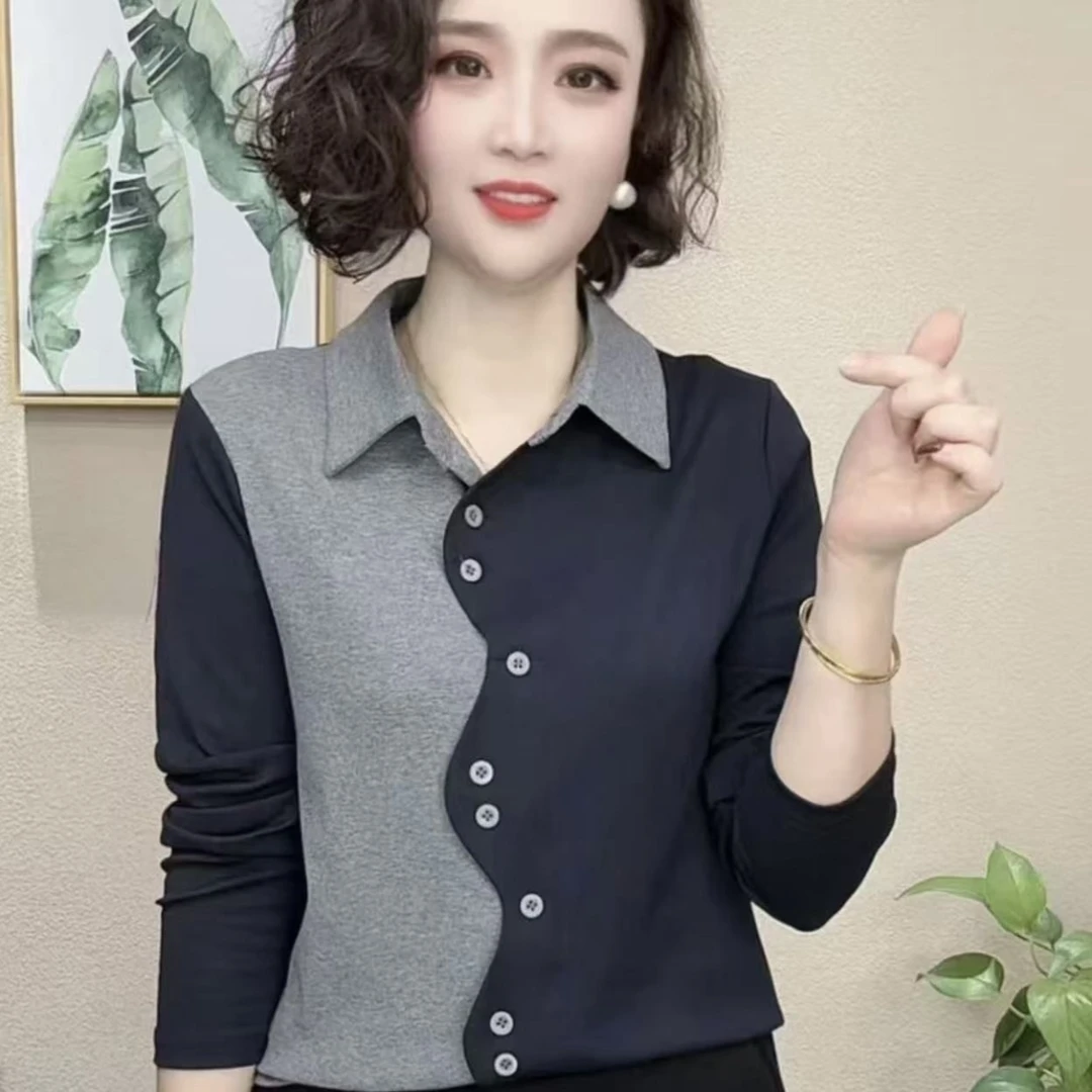 春季时尚洋气新款翻领简约设计拼接撞色百搭显瘦上衣
