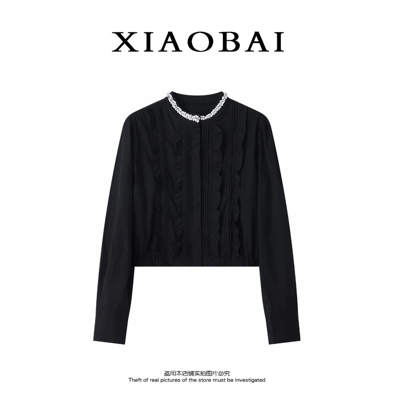 XIAOBAI 双色韩版流苏衬衫夏季时尚洋气修身长袖上衣女荷叶边衬衣