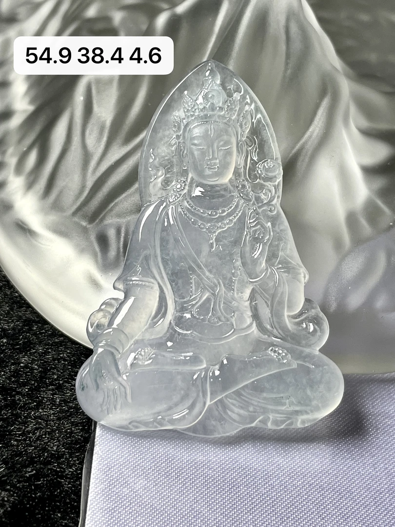 天然a货缅甸翡翠高冰白冰持莲观音吊坠