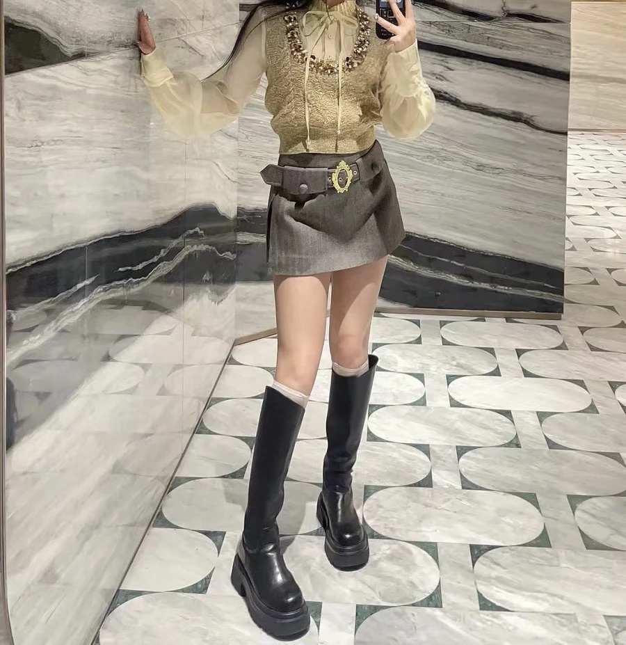 花颜风摩登珠片装饰高级感浅金色毛衣拼接假两件衬衫套装